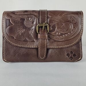 Patricia Nash Tooled Leather Cluth Handbag Purse Brown 90's Y2K  7x5x2 inch